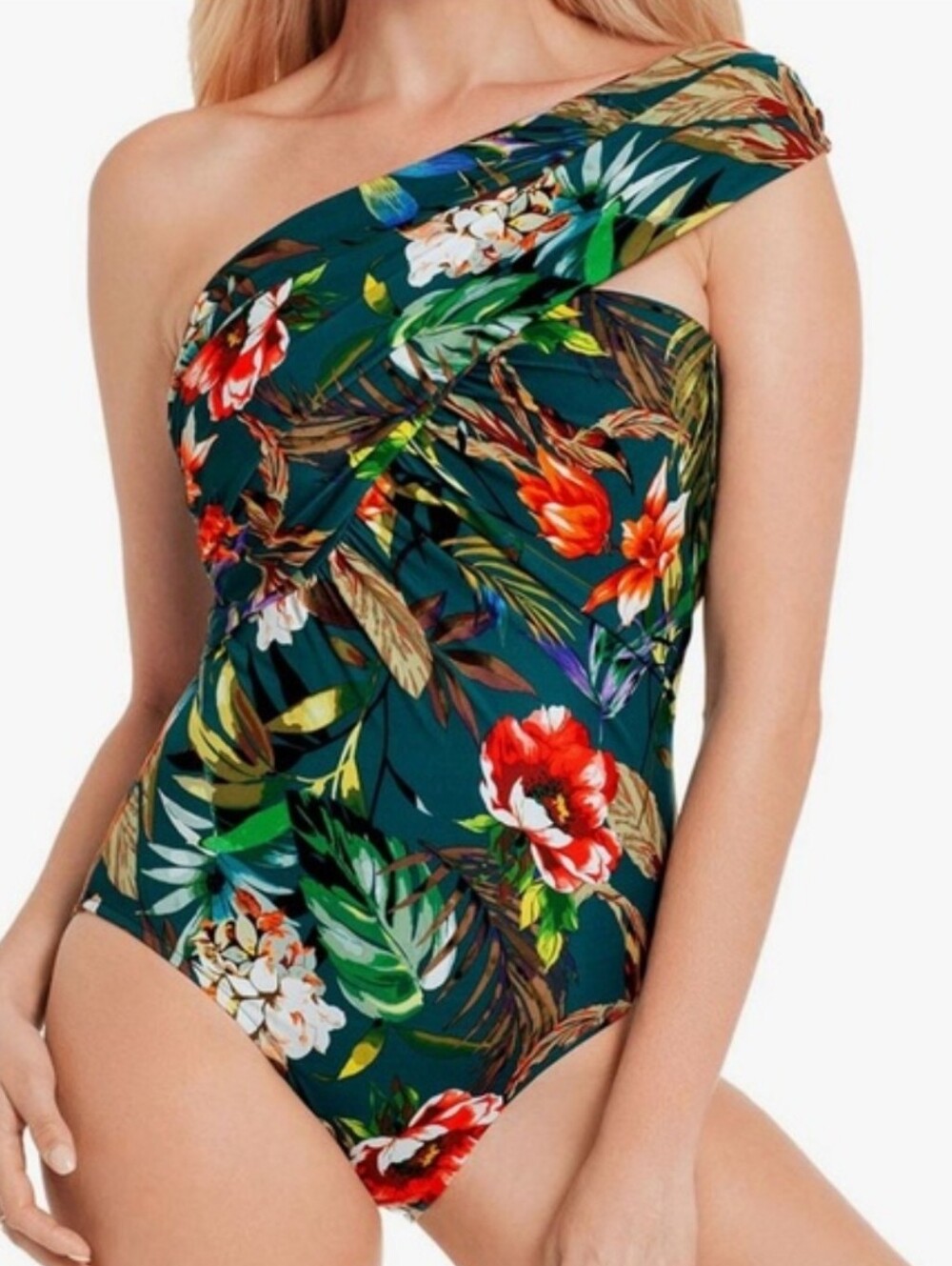 NWT Magicsuit Teal Tropical Floral One-Shoulder Slimming Swimsuit